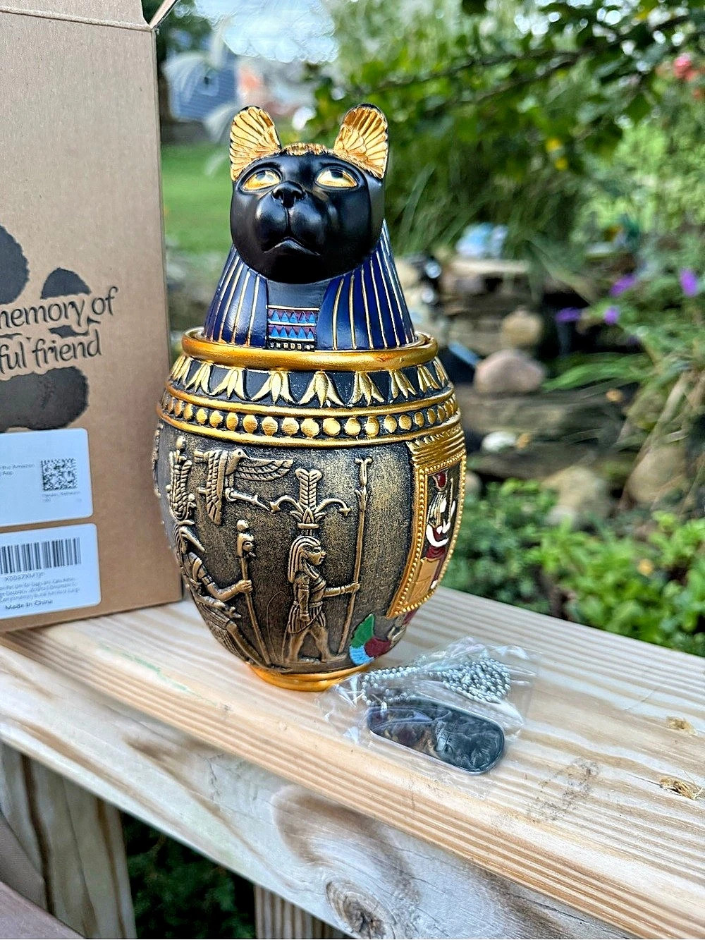 Pet urn Egyptian-Style with Box and tag for necklace. Unused. New in box